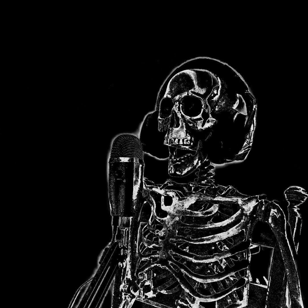 Black-and-white skeleton speaking into a microphone