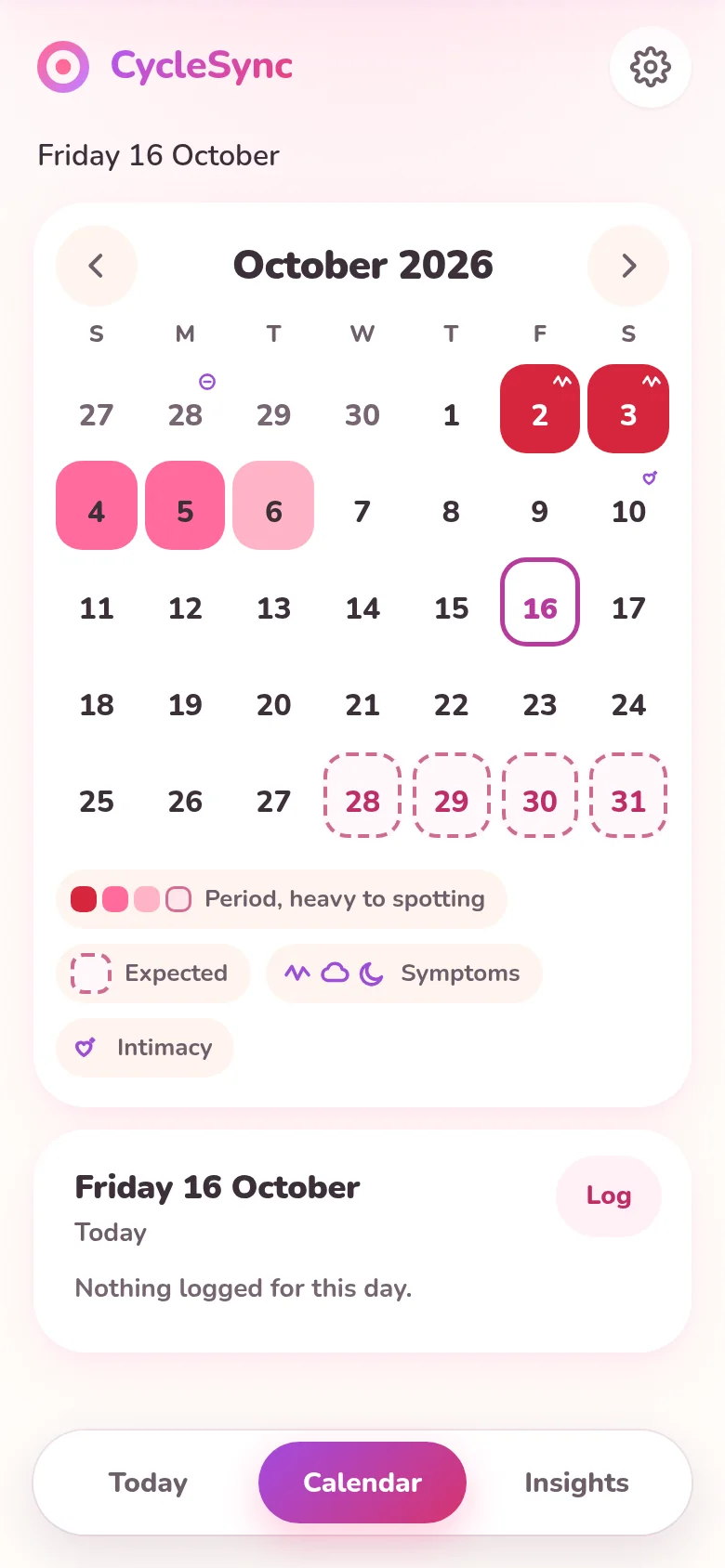 CycleSync calendar screen on mobile