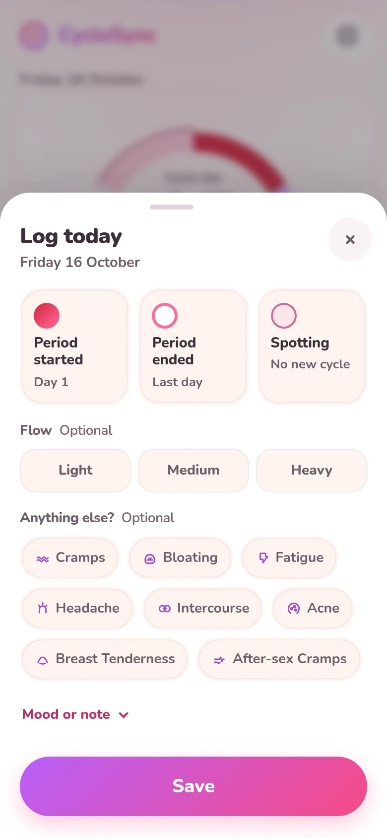 CycleSync log screen on mobile