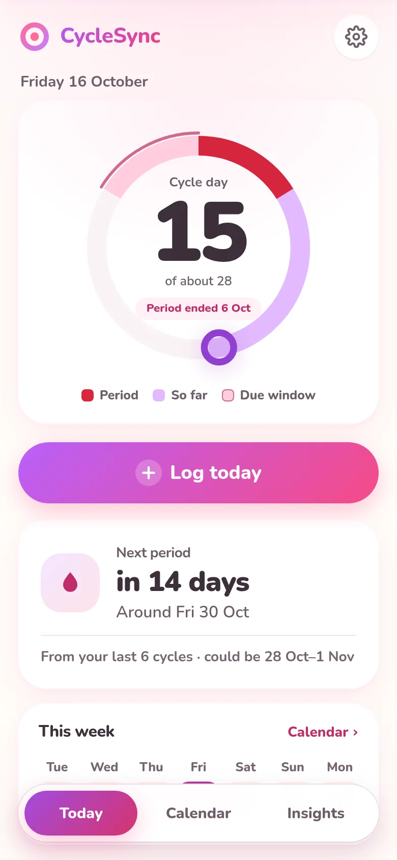 CycleSync today screen on mobile