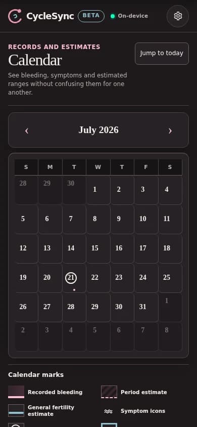 CycleSync mobile calendar using sample data to distinguish recorded days from estimates