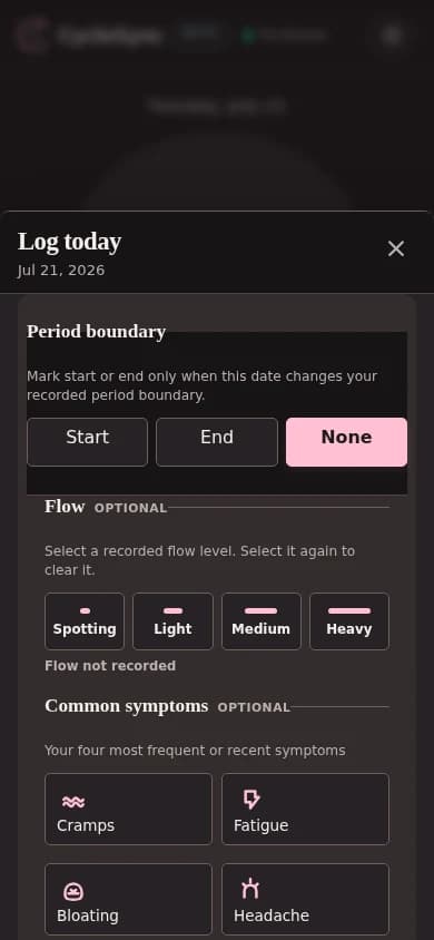 CycleSync Quick Log screen using sample cycle information