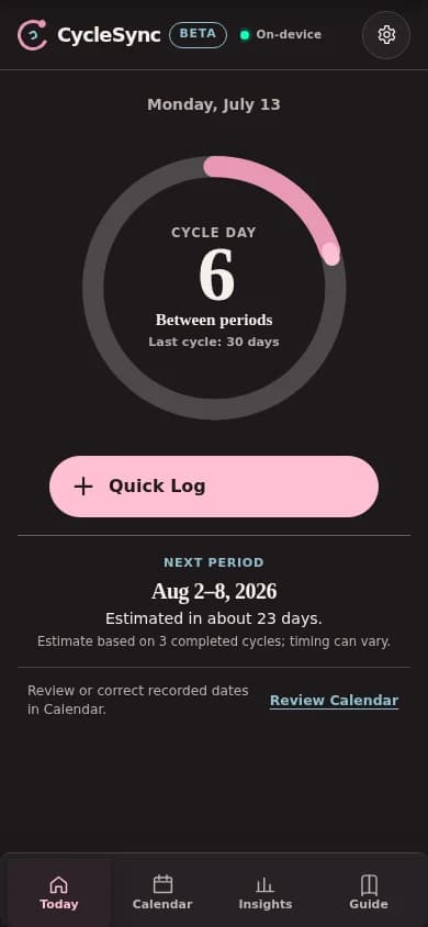 CycleSync Today screen with sample on-device cycle data and quick actions