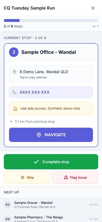 RouteFlow mobile driver workflow showing a sample stop