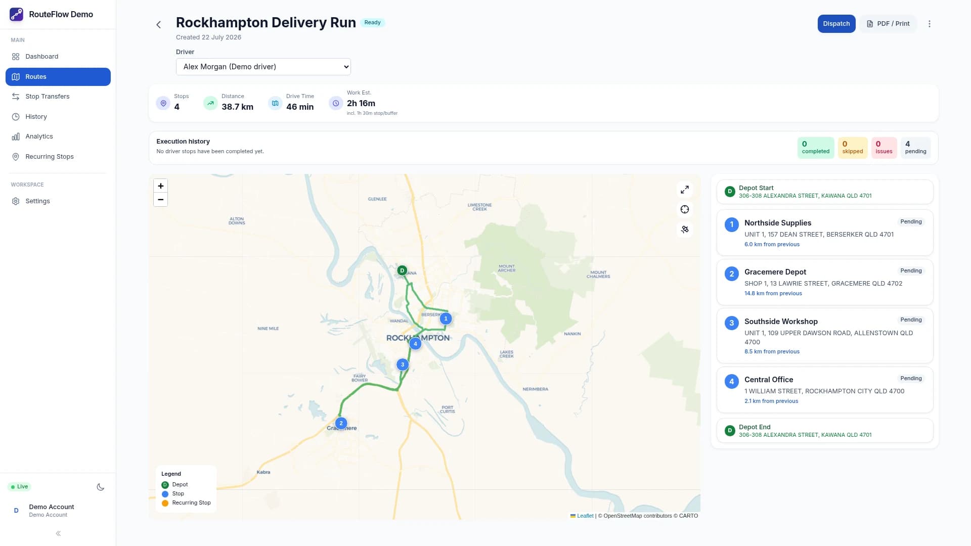 RouteFlow dispatcher route detail with a sample map, stops, and route summary